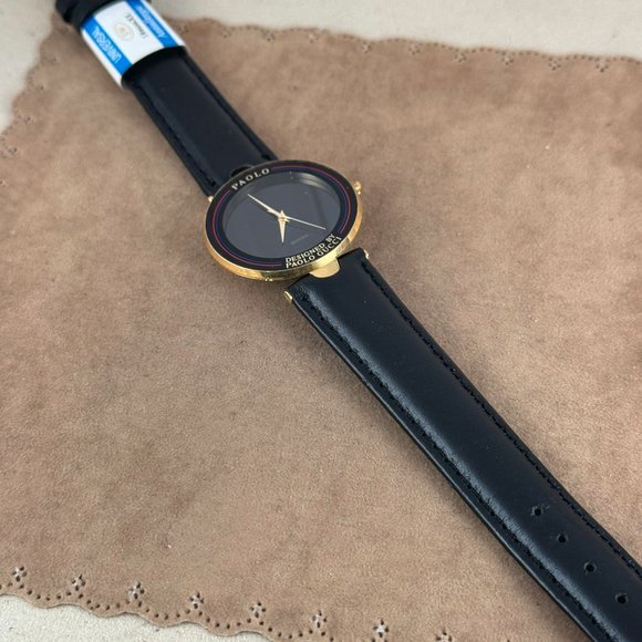 Vintage Paolo Gucci 18K Gold Plated Swiss Watch New Italian Black Strap main image 5